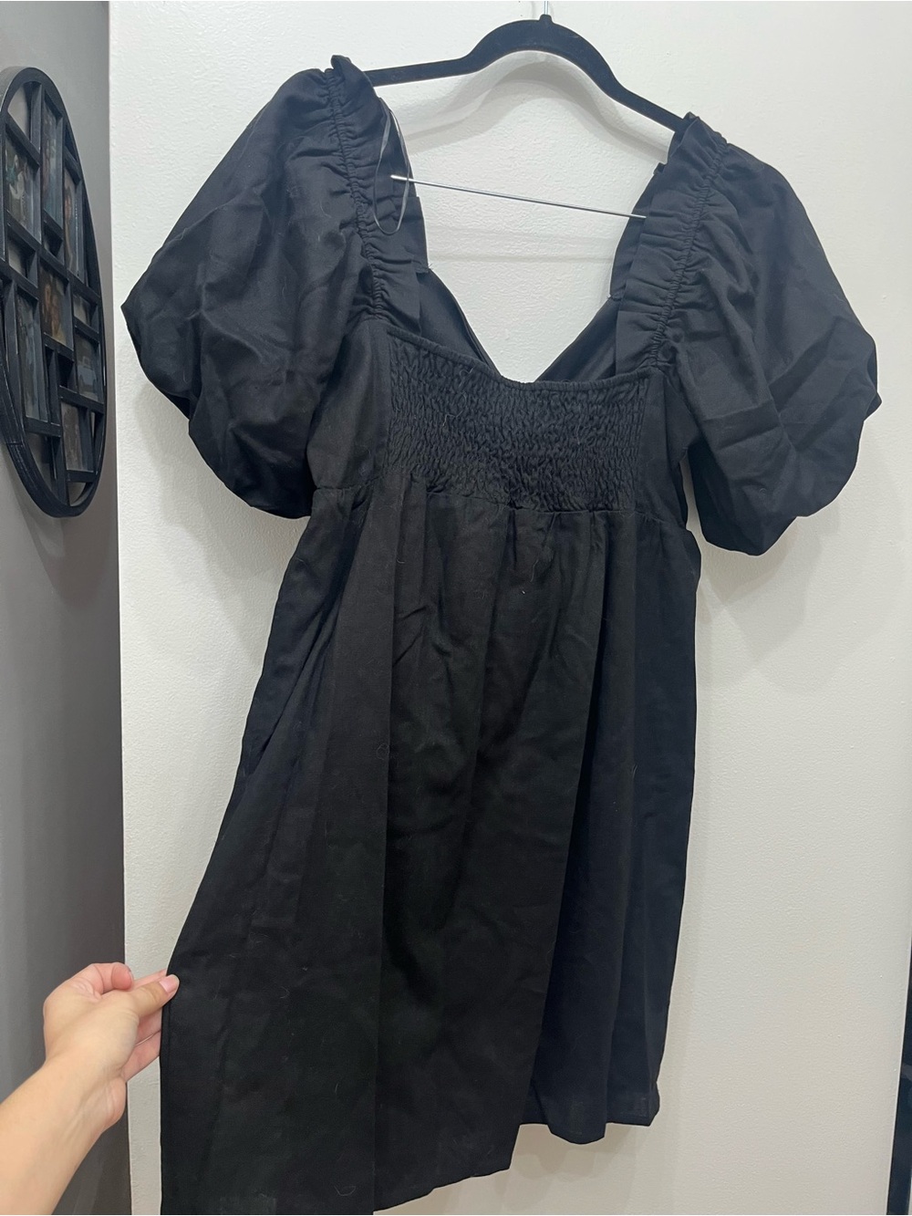 Moodie Black Babydoll Cotton/Linen Puff-Sleeve V-Neck Dress Med NWT - Picture 3 of 6
